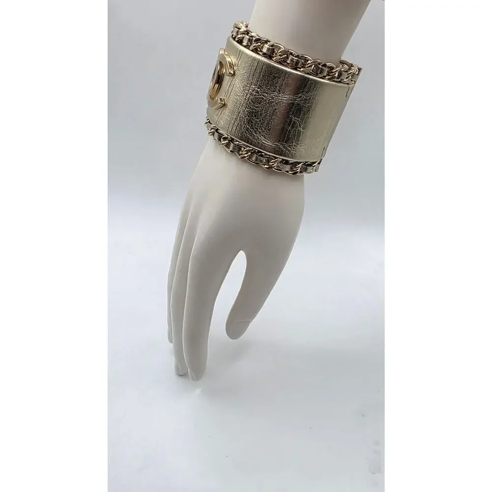 Chanel Gold-tone Leather Interlocking CC Wide Bracelet